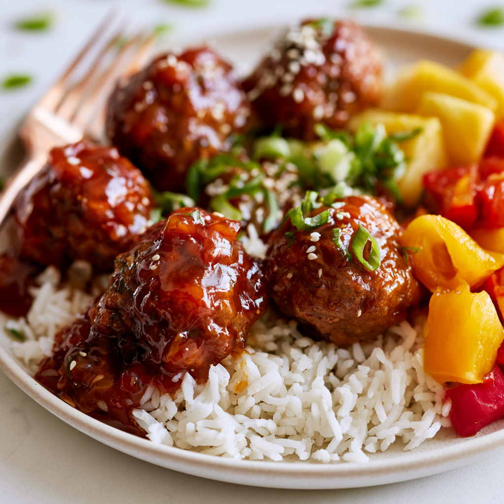 sweet and sour meatballs crockpot-over rice
