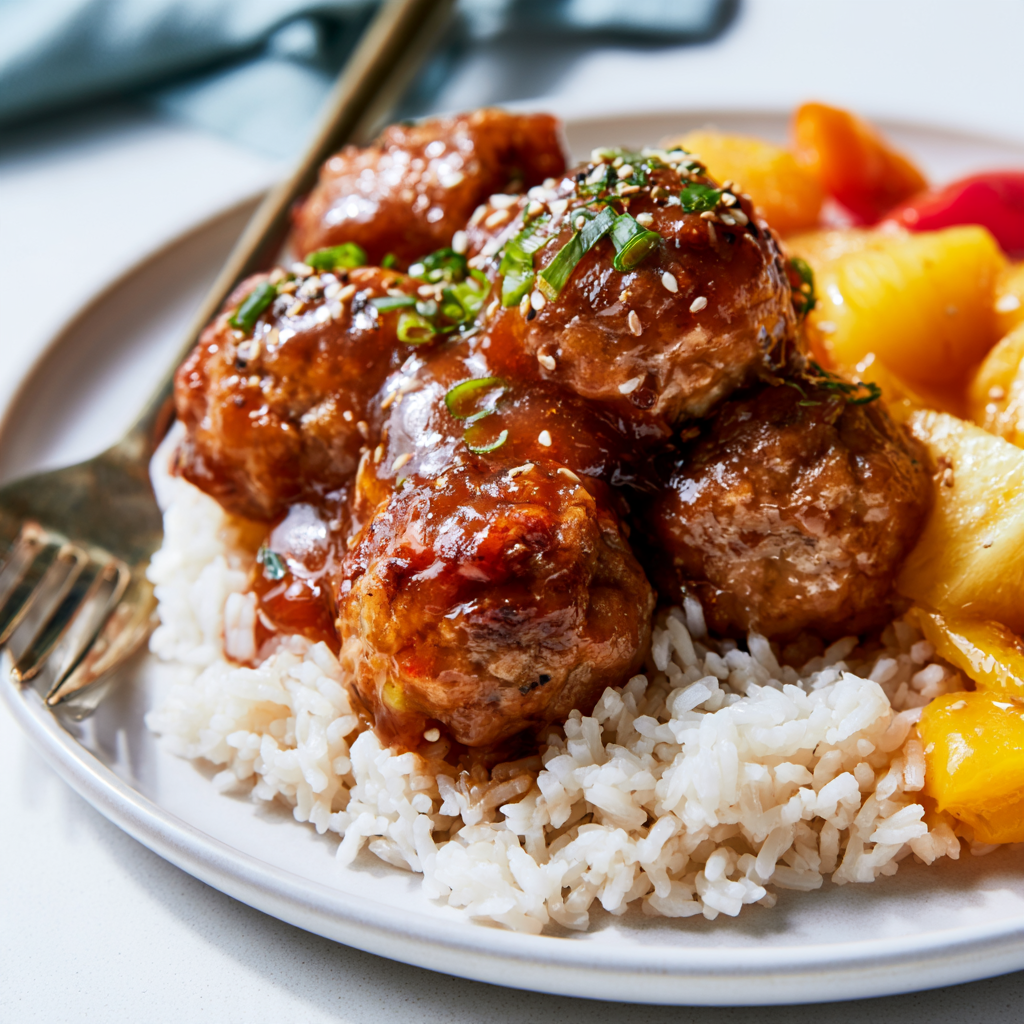sweet and sour meatballs crockpot-plated